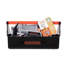 the black and decker toolbox is filled with tools