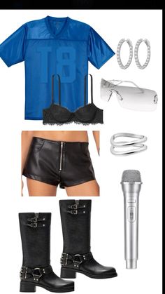 a woman's outfit and accessories including boots, hairdryer, headphones, microphone and t - shirt