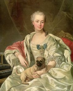 a painting of a woman with a dog in her lap and wearing a green dress