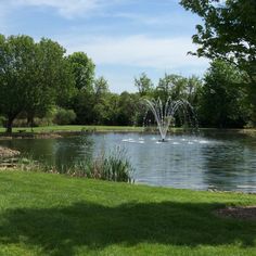 there is a fountain in the middle of this pond