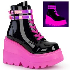 Demonia Shaker, Catty Noir, Pink Wedges, Light Up Shoes, Corsets And Bustiers, Lingerie Accessories, Platform Ankle Boots, Lace Up Ankle Boots, Black And Pink