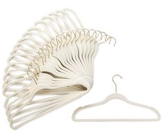 a white hanger next to a pair of clothes pins on a white background with clippings