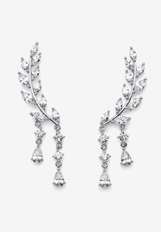 These sparkling ear climbers wrap your ears in a flourish of marquise-cut crystals and shine. Each earring features a dangling pear drop at the bottom and can be worn as drops or climbing the ear. 1.75" length. Silvertone.Main Stone: 6 Marquise Faceted Cut Cubic Zirconias, .90 carat total weight, 5 mm x 2.5 mm4 Pear Faceted Cut Cubic Zirconias, .72 carat total weight, 4 mm x 2.5 mm14 Marquise Faceted Cut Cubic Zirconias, .98 carat total weight, 3.5 mm x 2 mm6 Round Faceted Cut Cubic Zirconias, .36 carat total weight, 2.5 mm x 2.5 mmSilvertoneDimensions: 8 mm wide x 43 mm long x 2.5 mm highIncludes gift box and drawstring pouch | Women's Silvertone Marquise Cut Ear Climber Drop Earrings Cubic Zirconia by PalmBeach Jewelry in Silver Silver Marquise Bridal Earrings In Fine Jewelry Style, Silver Marquise Cut Bridal Earrings For Formal Occasions, Silver Marquise Bridal Earrings Fine Jewelry, Sterling Silver Marquise Bridal Earrings, Silver Marquise Cut Cubic Zirconia Earrings, Marquise Jewelry, Platinum Credit Card, Ear Climbers, Climber Earrings