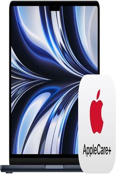 an apple laptop computer sitting on top of a white and blue background with the words apple care plus in front of it