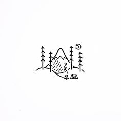 a black and white drawing of a mountain with trees on it's side, next to a campfire