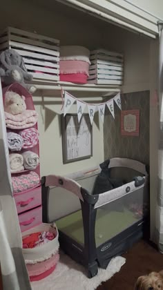 a baby crib in the corner of a room