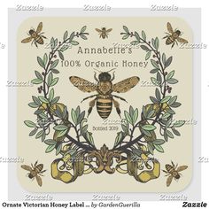 the label for an organic honey product with bees and leaves on it, in front of a