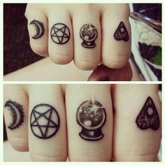 three pictures of different tattoos on fingers