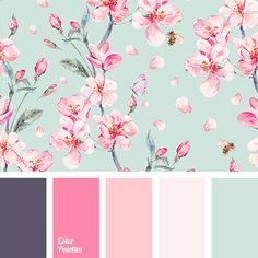 a color palette with pink flowers and green leaves