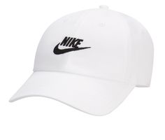 65% polyester and 35% cotton fabric upper, Adjustable back strap for a secure fit, Sweatband for added comfort, Curved bill cap design,2 1/2 inch bill, Nike branding details, One size fits most | Nike US Futura Washed Baseball Cap in White/Black Bone Da Nike, Nike Sportswear Mens, Wash Baseball Cap, Visor Beanie, Nike Cap, Mens Club, Sporty Chic, Golf Outfit, Cotton Twill Fabric