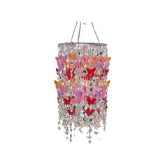 a multi - colored chandelier hanging from the ceiling with beads and crystals on it