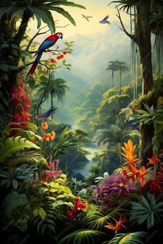 a painting of birds and flowers in the jungle