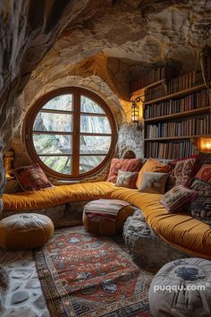 a living room filled with lots of furniture and a round window