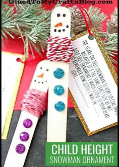 snowman ornament made out of popsicle sticks and twine with text overlay that reads, child height snowman ornament