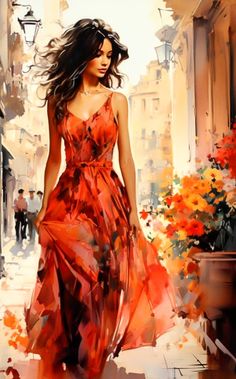 a painting of a woman in a red dress walking down the street with flowers behind her