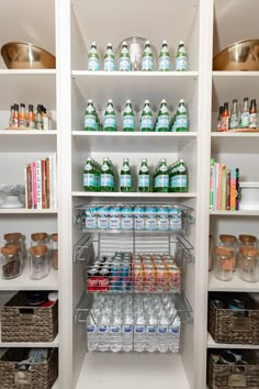 an organized pantry with lots of bottles and containers