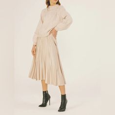 Pleated Flowy Midi Skirt With An Elastic Waistband. Pair With A Bodysuit Or A Cute Sweater For The Perfect Holiday Look! Color: Champagne The Listing Is For Size Large #Sds Same Or Next Day Shipping Flowy Midi Skirt, Cute Sweater, Color Champagne, Holiday Looks, Cute Sweaters, Women Skirts Midi, Pleated Skirt, Midi Skirt, Anthropologie