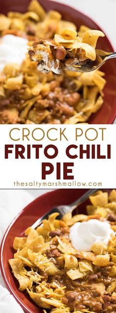 the crock pot frito chili pie is ready to be eaten