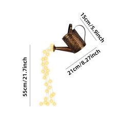 a teapot with string lights attached to it and the measurements for each item below