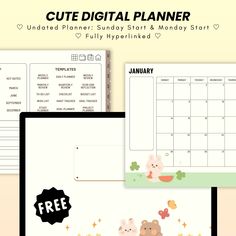 an image of a calendar with animals on it and the words cute digital planner next to it