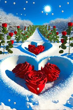 two red roses are in the shape of hearts on a snow covered field with trees and flowers