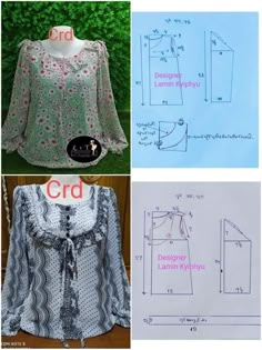 three different types of blouses are shown with the names and measurements for each one