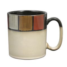 a white and black coffee mug with multicolored stripes