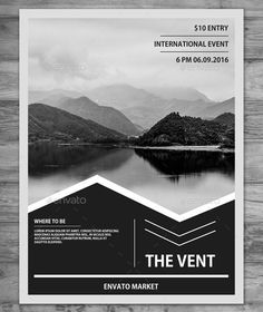 the event flyer with mountains and water in black and white - flyers print templates