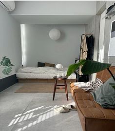 a living room filled with furniture next to a bed and a plant in the corner