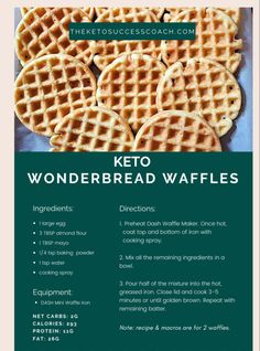 the keto wonderbread waffles recipe is shown in green and white, with instructions