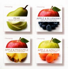 six different types of apples and blueberries are shown in this advertisement for pear & blueberry