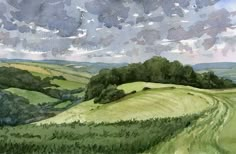 watercolor painting of rolling hills and trees on a cloudy day