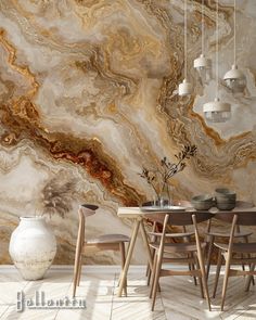 a dining room with marble walls and wooden chairs