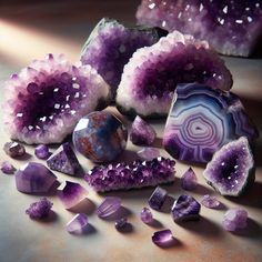 ametholite crystals and stones on a table