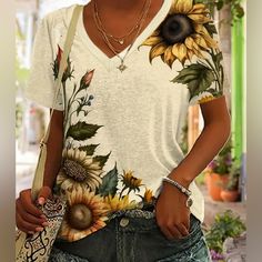 - Soft Micro Elastic Polyester Fabric, Casual Knit Top For Women - Machine Washable, Perfect For Warm Weather Brand New Shirt Greenhouse Bar, Temu Clothes, Witchy Outfits, Modern Shag Haircut, Modern Shag, Cartoon Tops, Shag Haircut, Korean Casual, Sunflower Print