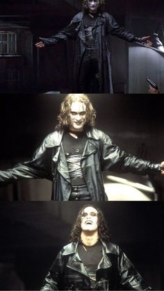 three different pictures of the same man in black leather clothes and one with his arms out