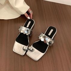 Olivia Mark - Silver Low-Heel Sandals with Water Diamond Sparkle Embellishment and Chunky Heel - Ideal for Stylish Outdoor Wear Silver Low Heels, Woman Slippers, Women Slippers Fashion, Low Heel Sandals, Hollow Design, Silver Shoes, Sport Sandals, Outdoor Wear, Chunky Heel