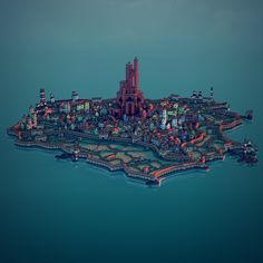 an island in the middle of the ocean with buildings and trees on it's sides