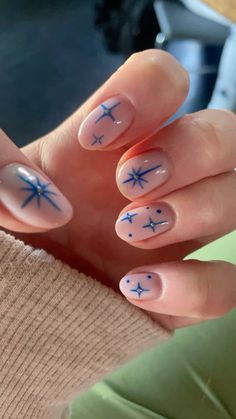 #nailart #simplenailart #BIAB #starnails #almondnails Hanukkah Nails Simple, Winter Nails Ideas Blue, Winter Star Nails, Star Of David Nails, Short Blue Almond Nails, Christian Christmas Nails, Blue Celestial Nails, Simple Nail Inspo Short, Starry Nail Designs