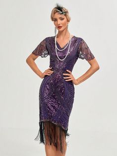 1 Stück 1920er Jahre Vintage Cocktailkleid mit Pailletten und Fransen-Saumkante, tailliert geschnitten Violett   Kurzärmelig Polyester Einfarbig,Überalles Muster Figurbetont,Anpassend Leicht-dehnbar  Weddings & Events, size features are:Bust: ,Length: ,Sleeve Length: Women Cocktail Dresses, Lace Prom Gown, Cocktail Dress Elegant, Glamorous Dress