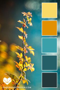 the color palette is blue, yellow and green with some brown leaves on top of it