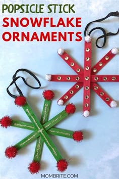 popsicle stick snowflake ornament craft with text overlay that reads popsicle stick snowflake ornaments