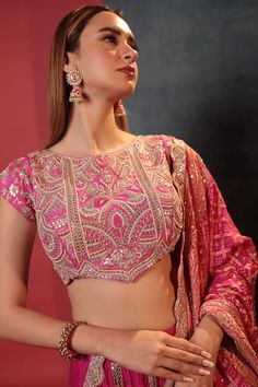 Buy Pink Pure Georgette Embroidery Gota Round Neck Placement Lehenga Set For Women by Bandhani Online at Aza Fashions. Bandhani Dupatta, Embroidered Hem, Fancy Sarees Party Wear, Traditional Indian Dress, Padded Blouse, Indian Dresses Traditional, Indian Dress, Pattern Embroidery, Indian Fashion Designers