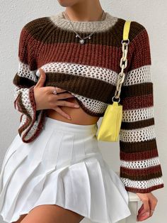 Multicolor Casual Collar Long Sleeve Fabric Striped Pullovers Embellished Medium Stretch Women Clothing Knitted Wear Outfit, Aesthetic Outfits Long Sleeve, Crochet Shirts Long Sleeve, Cute Day Time Outfits, Crochet Tops For Winter, 2024 Knitting Patterns, Fall Crochet Clothes Ideas, Knitted Tops For Women, Fall Crochet Projects Clothes