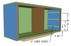 a blue and green cabinet with measurements for the bottom section, including two wood shelves