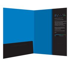 an open brochure with blue and black colors