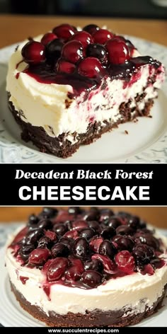 two pictures of a cheesecake with cherries on top