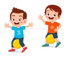 two boys are playing ball together on the white background, one boy has his hands up and