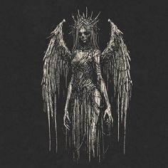 a drawing of an angel with long hair and wings on it's chest, standing in front of a black background