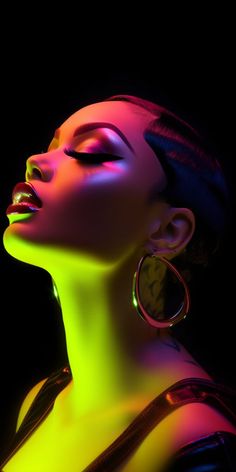 a woman with neon makeup and large hoop earrings